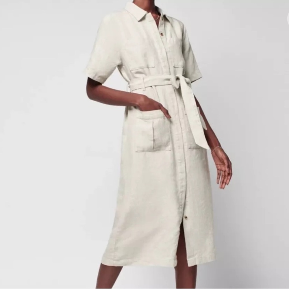 Faherty Cream Heavy Linen Lita Tie Front Shirt Dress. Birch. Size Small